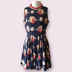Floral Dress Maison Jules Fit and Flare Navy Rose Full Skirt Sleeveless Sundress